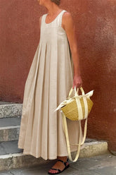 Casual Solid Color Pleated O Neck Sleeveless Dresses